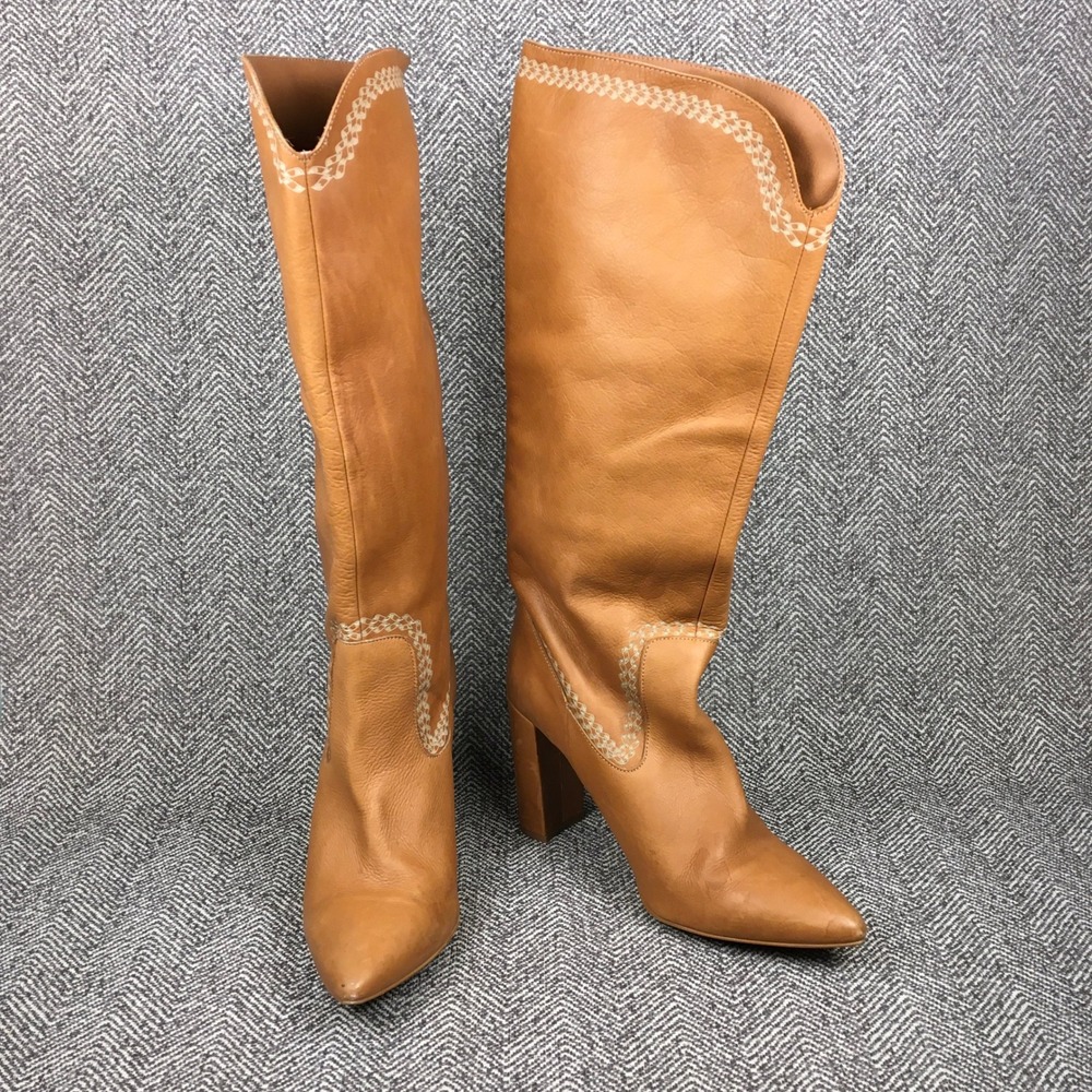 Anthropologie Tan Leather Tall Block Heel Boots Made Spain Sz 41 (10/10.5 US)